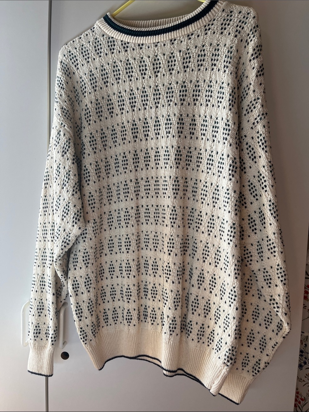Vintage Bill Blass Menswear Cream blue green knit Sweater. Made USA
